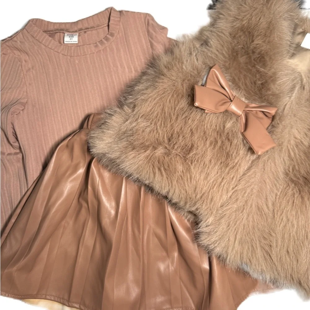 Stylish Tan Faux Fur Vest, ribbed top and faux leather pleated skirt